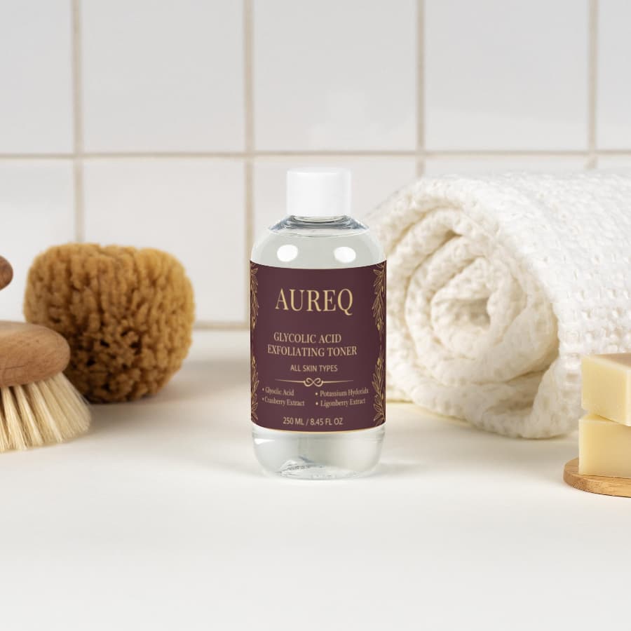 glycolic acid exfoliating toner bottle by AUREQ with towel and bath accessories, 5% glycolic acid for brighter, smoother skin
