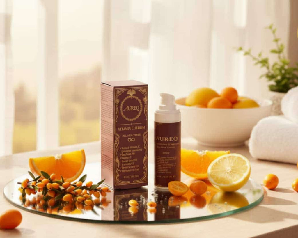 vitamin c serum AUREQ 30 ml bottle and box with citrus fruits on vanity, brightening skincare serum with ferulic acid