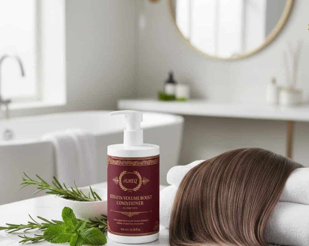 keratin volume boost conditioner pump bottle in bathroom, lightweight plant-based keratin conditioner for fuller-looking hair