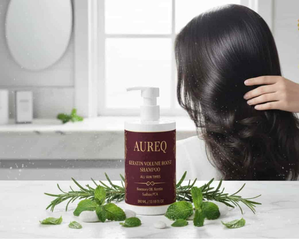 AUREQ keratin volume boost shampoo bottle with herbs, volumizing keratin and caffeine shampoo for fuller, stronger-looking hair
