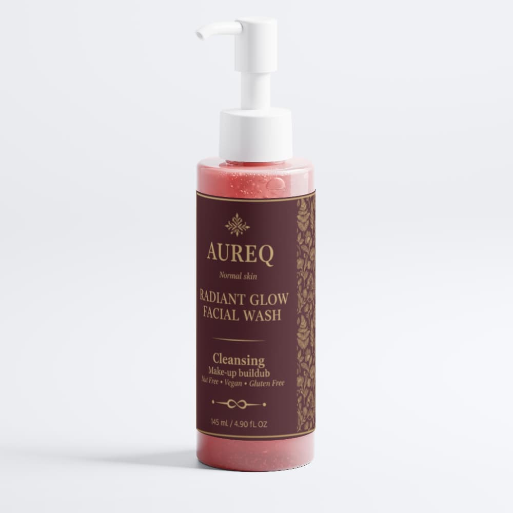 AUREQ Radiant glow Facial Wash pump bottle, gentle cleanser for radiant skin, removes makeup and excess sebum